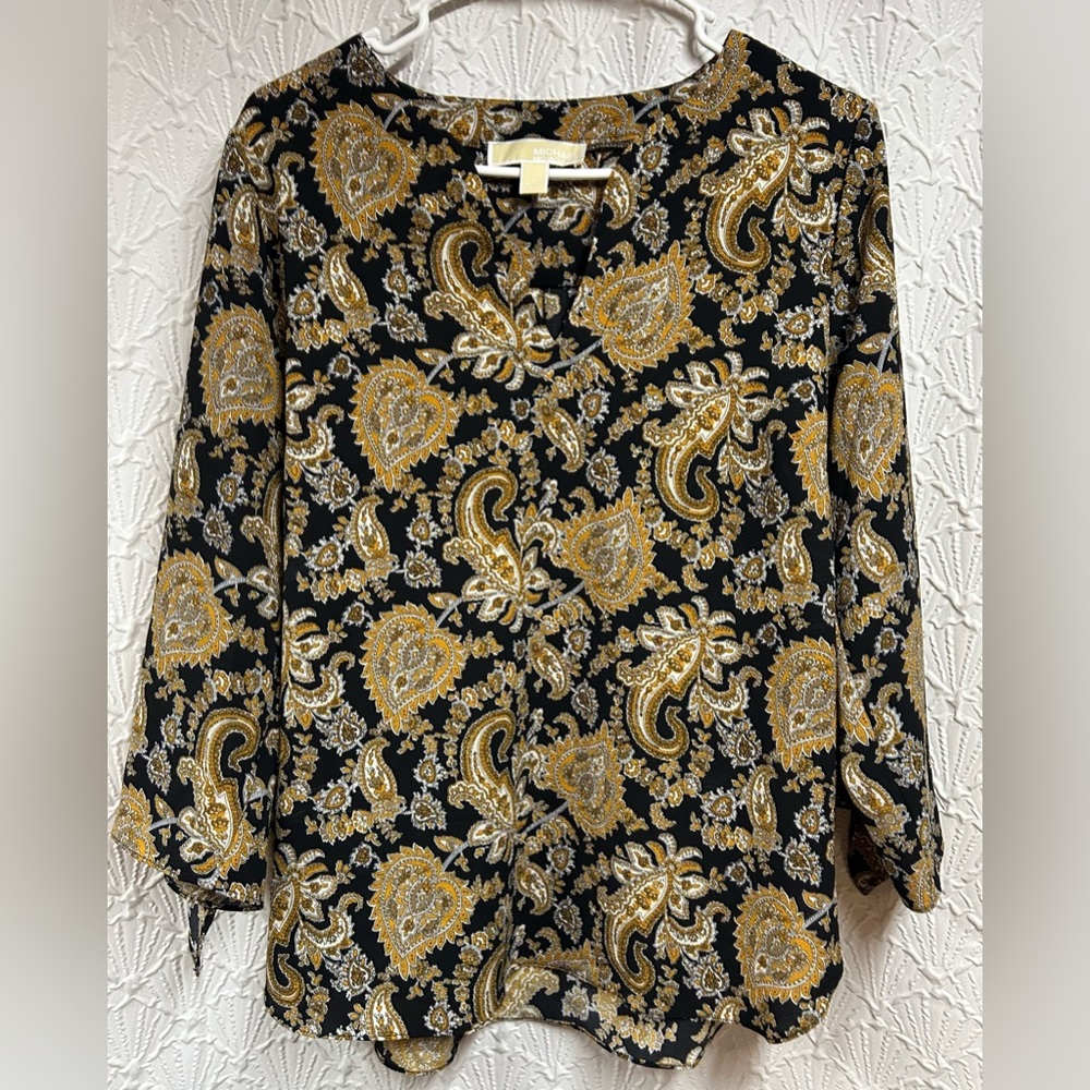 Michael Kors Large Black and Gold Paisley Top